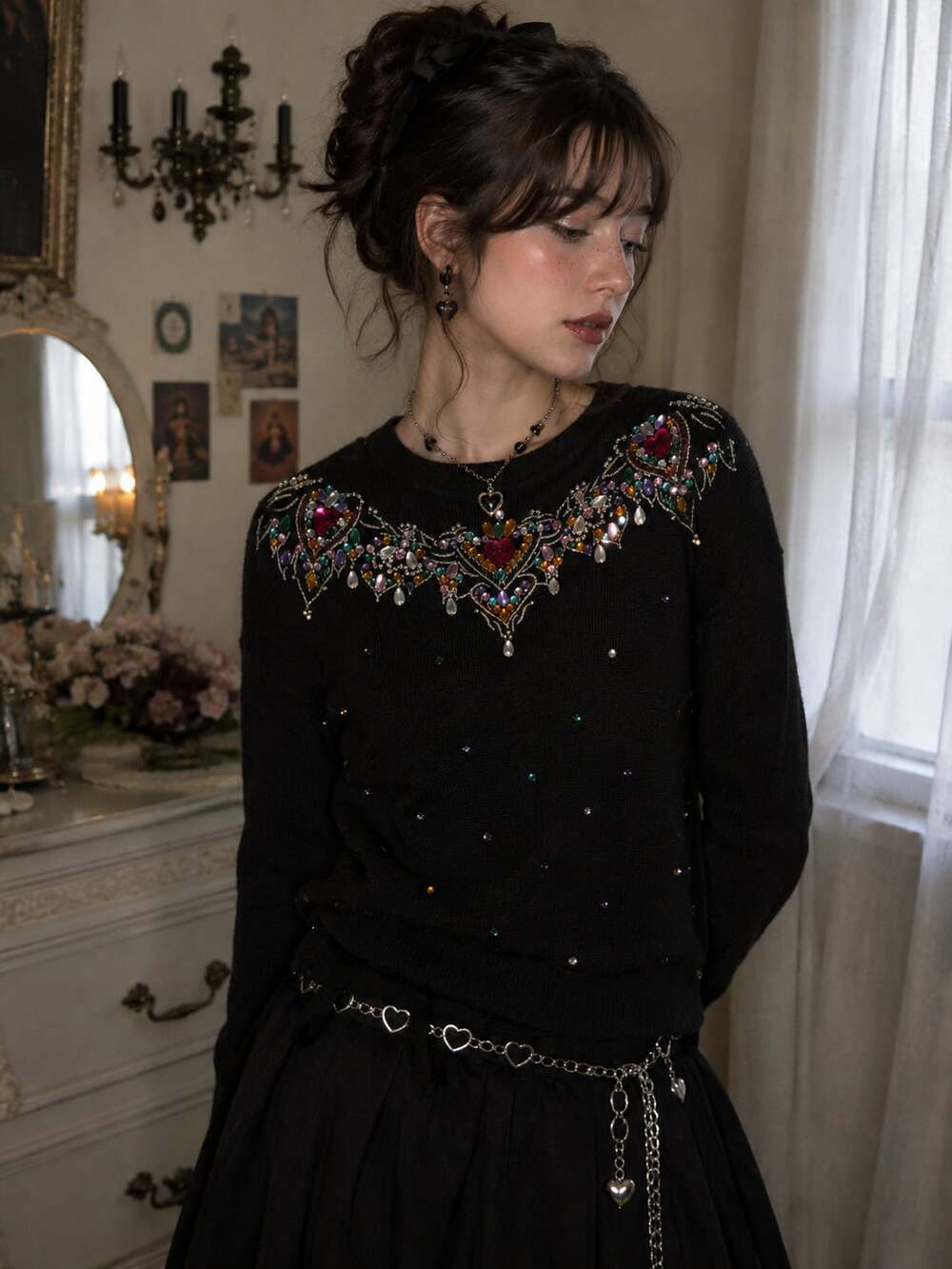 Vintage Brittany Leigh Jeweled Heart Sweater Whimsigoth Coquette Y2K Black L